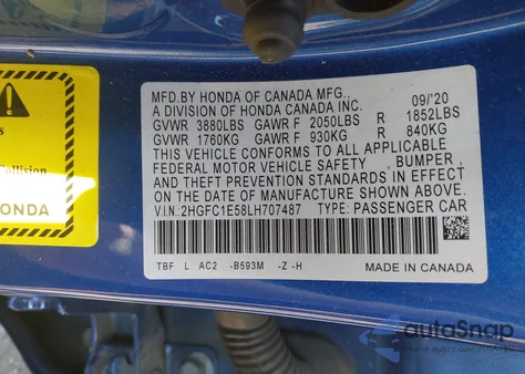 2020 Honda Civic Si Sedan из США, поврежденный, VIN 2HGFC1E58LH707487